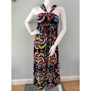 Y2k Folk Art Bird Print Halter Midi Dress Neon Boho Festival Sundress size M